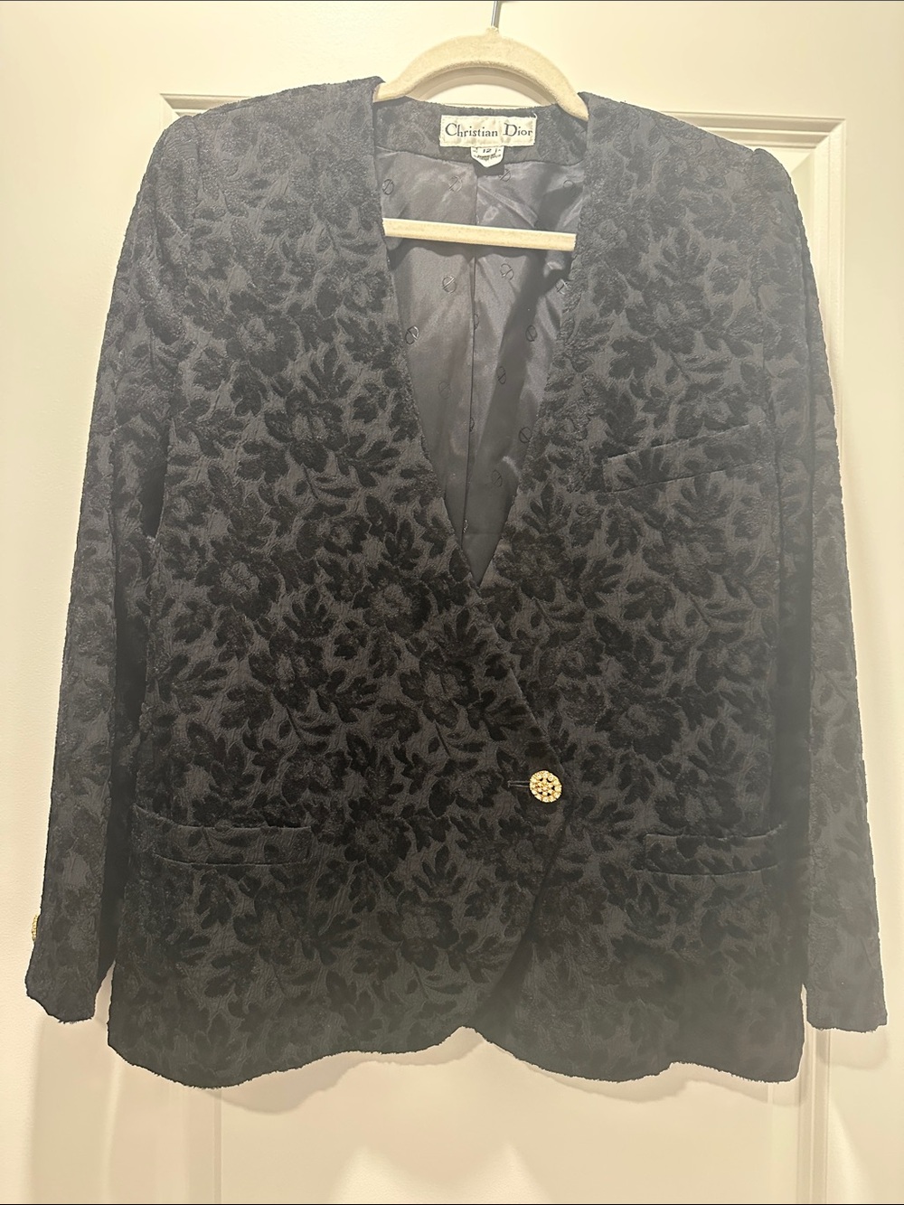 Christian Dior Black Floral Velvet Single-Button Blazer